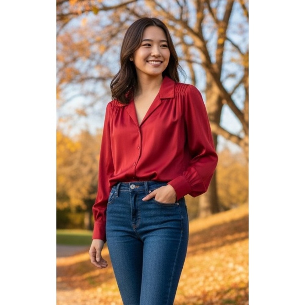 Liz Baker Women's Button Up Long Sleeve‎ Collared Shirt Size 18W Red Christmas